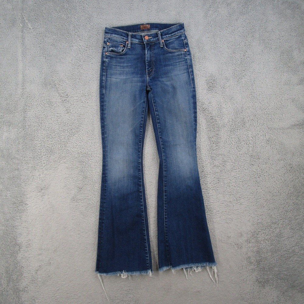 Mother The Weekender Fray Jeans 24 Skunk At The Tea Party Blue Flare Raw Hem